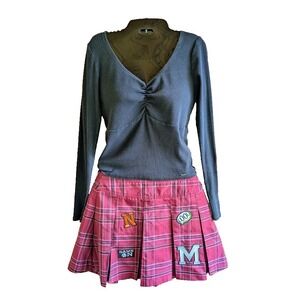 Preppy Schoolgirl Pleated Plaid Skirt M Mini Embroidered Patches Academia Y2K